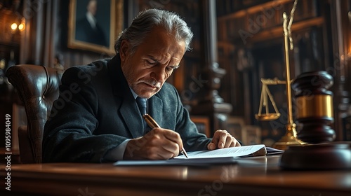 Legal professional writing at desk office portrait formal setting