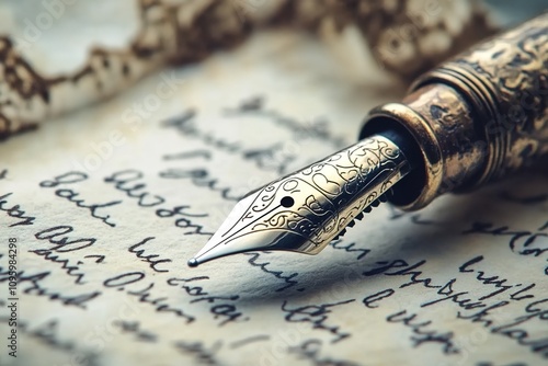 A vintage fountain pen resting on an old-fashioned, handwritten letter, with the inked writing visible in the background