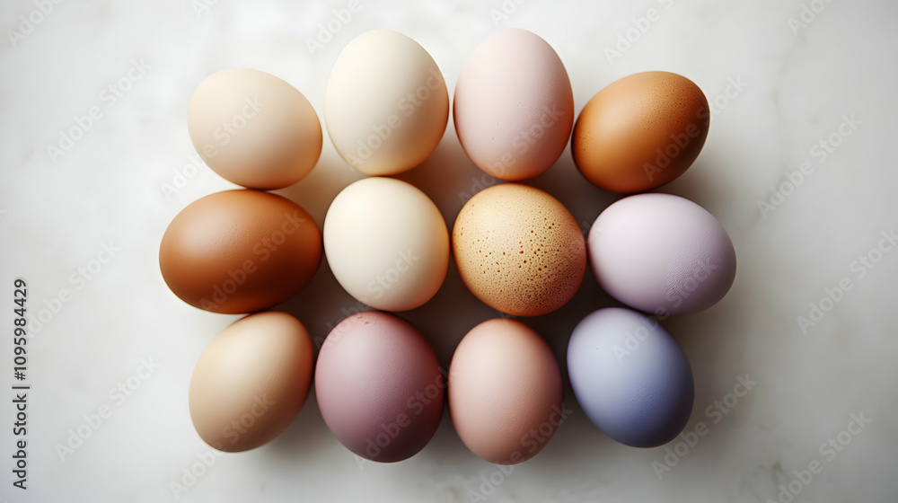 Pastel-Colored Eggs Arranged in a Circular Pattern on Marble Pastel-Colored Eggs Arranged in a Circular Pattern on Marble
