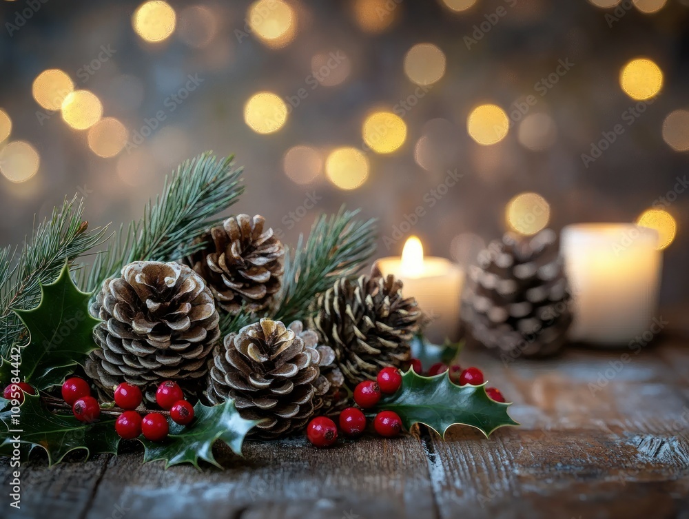 Festive Christmas arrangement with pine cones, holly berries, and candles on rustic wood. Festive Christmas arrangement with pine cones, holly berries, and candles on rustic wood.