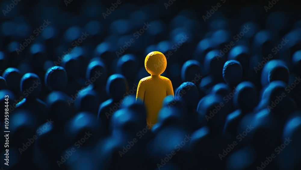 Fototapeta premium Standing Out: One Yellow Figure Among a Crowd of Blue