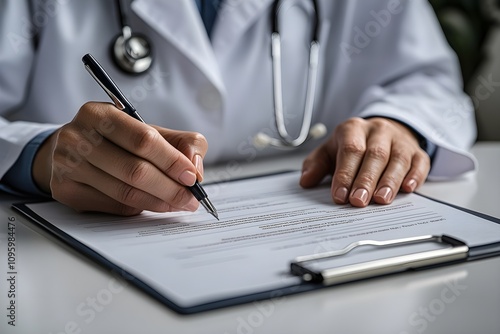 A doctor wearing a white medical gown is wearing a stethoscope around his neck, looking at a chart, holding a pen and writing something down.