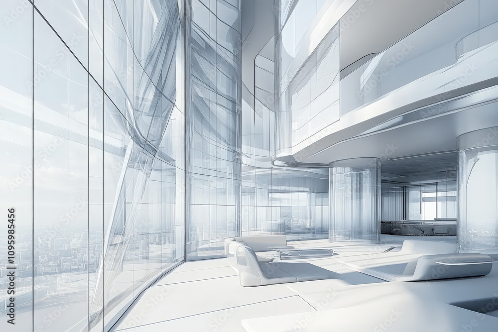 Blueprint of a modern high-rise with transparent glass panels, sharp angles, and a streamlined interior, futuristic design, soft grey and white tones, highly detailed Blueprint of a modern high-rise with transparent glass panels, sharp angles, and a streamlined interior, futuristic design, soft grey and white tones, highly detailed