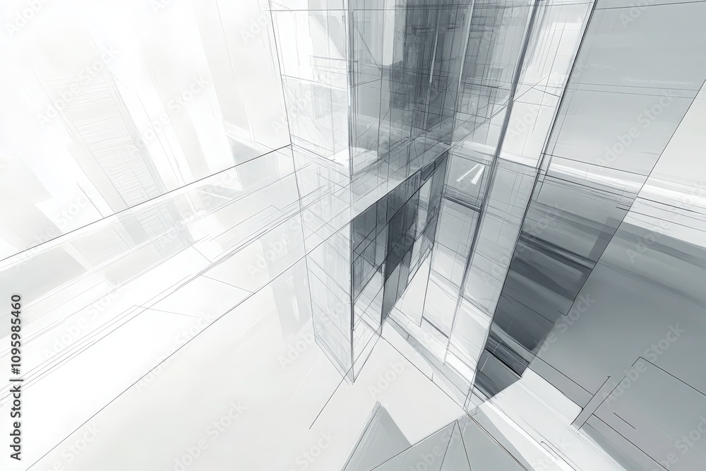 Blueprint of a modern high-rise with transparent glass panels, sharp angles, and a streamlined interior, futuristic design, soft grey and white tones, highly detailed Blueprint of a modern high-rise with transparent glass panels, sharp angles, and a streamlined interior, futuristic design, soft grey and white tones, highly detailed