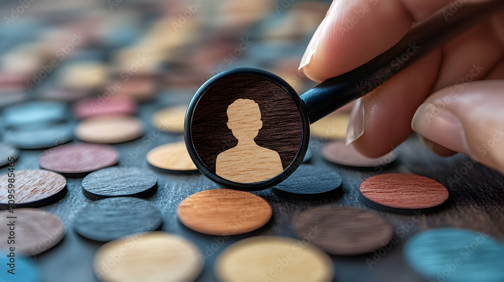 Wooden Person Icon Magnified by Stethoscope on Diverse Background Wooden Person Icon Magnified by Stethoscope on Diverse Background