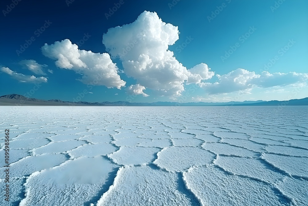 Obraz premium Wide expanses of cracked white salt deserts made of salt on flat land with beautiful clouds on a clear day.