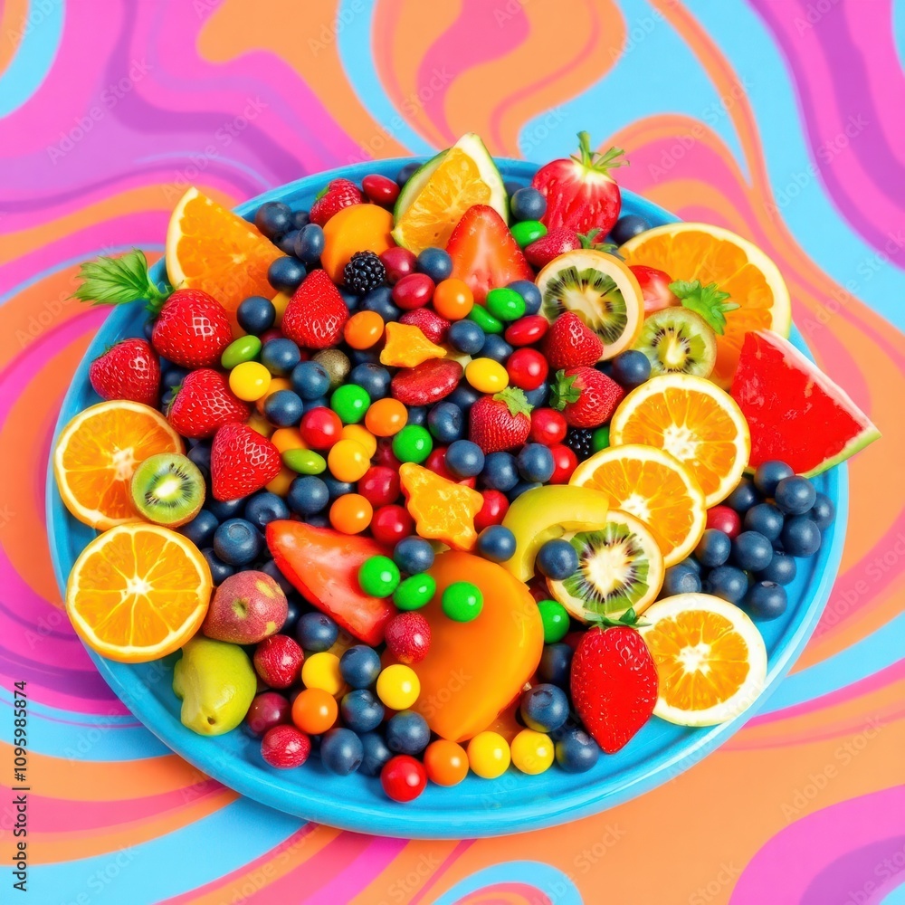 fruits are displayed, including oranges, strawberries, blueberries, grapes, kiwi, watermelon, and more. They are rendered with a smooth, almost plastic-like texture and slightly exaggerated features, 