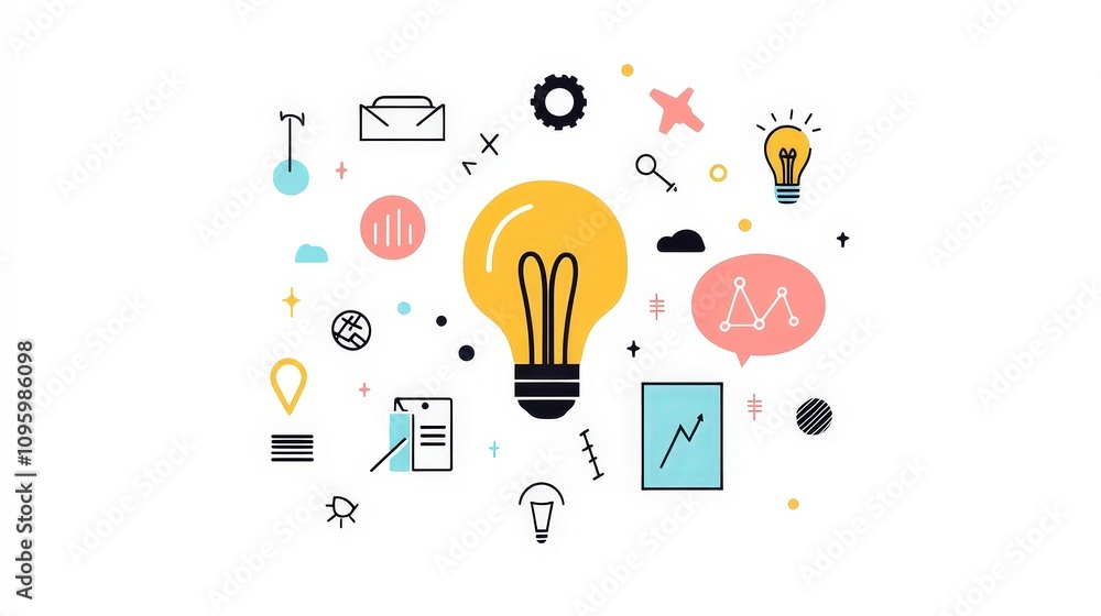Creative light bulb concept with colorful illustrations of graphs, charts, emails, and icons representing innovation, business ideas, and digital marketing solutions in a modern style. Creative light bulb concept with colorful illustrations of graphs, charts, emails, and icons representing innovation, business ideas, and digital marketing solutions in a modern style.
