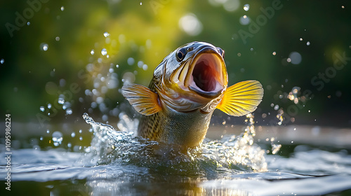 A Brown Trout Leaps from the Water, Jaws Open in a Dynamic Splash, Illuminated by Sunlight photo