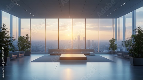 Modern living space at sunset urban skyline interior design