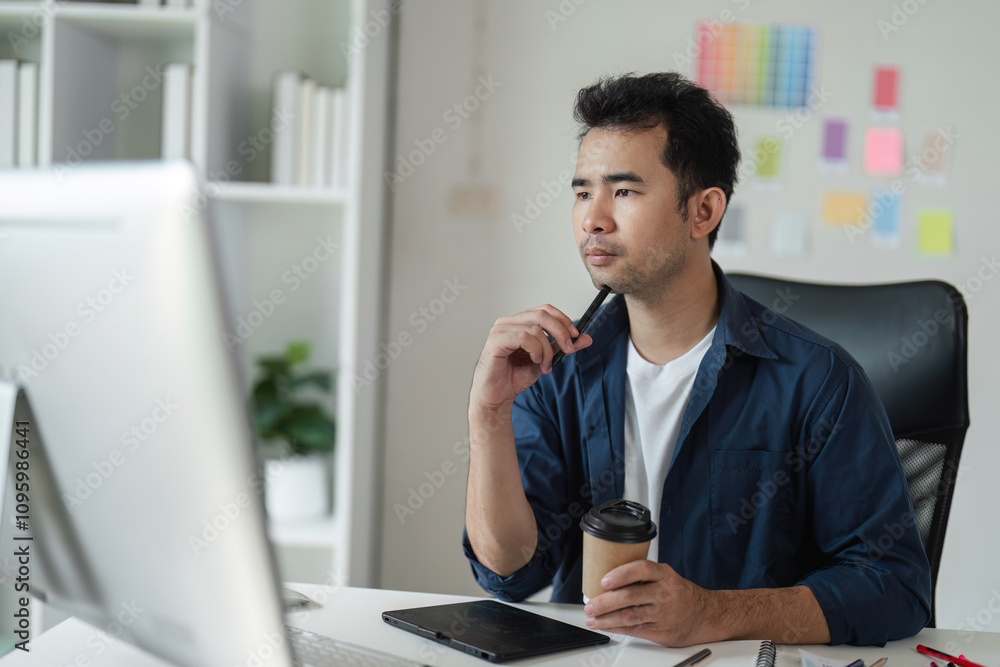 Focused Graphic Designer Strategizing a Creative Project in a Modern Office Environment with Digital Tools and Color Swatches Focused Graphic Designer Strategizing a Creative Project in a Modern Office Environment with Digital Tools and Color Swatches