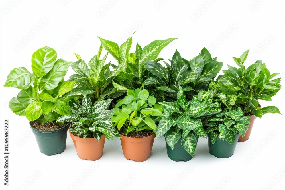 Seven potted houseplants, various greens. Seven potted houseplants, various greens.