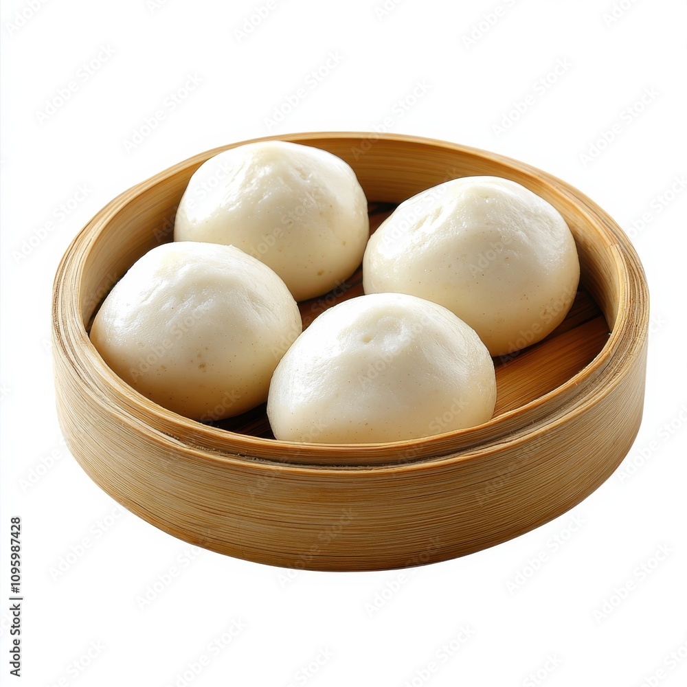 Chinese Steamed Buns, Bao Buns, Baozi Placed in a Bamboo Steamer, Isolated on White Background Chinese Steamed Buns, Bao Buns, Baozi Placed in a Bamboo Steamer, Isolated on White Background