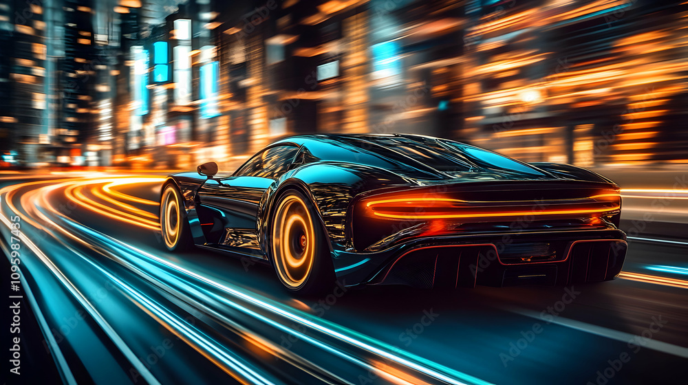 Futuristic Sports Car Speeds Through City at Night, Illuminated by Blurry Light Trails, 3D Digital Illustration Futuristic Sports Car Speeds Through City at Night, Illuminated by Blurry Light Trails, 3D Digital Illustration