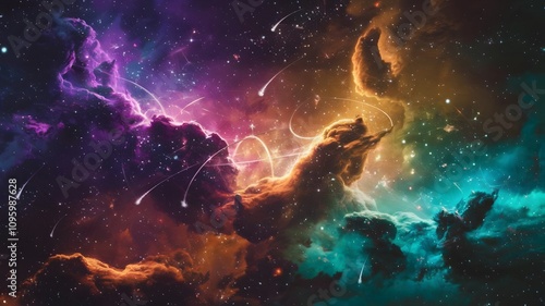 A fantastical cosmic scene with glowing nebulae in vibrant colors like purple, teal, and gold.