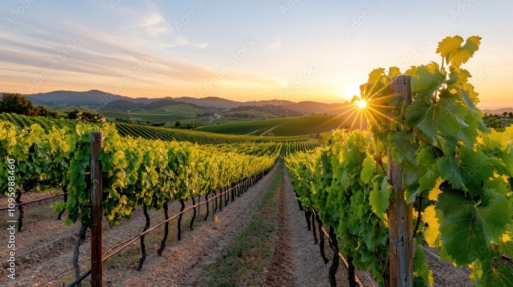 Naklejka premium Sun-Drenched Vineyard with Rolling Hills at Golden Hour, Highlighting Lush Green Grapevines Under a Vibrant Sky