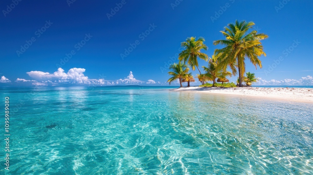 Fototapeta premium Vibrant Tropical Island Paradise with Crystal Clear Waters, Soft White Sand, and Lush Palm Trees Beneath a Bright Blue Sky and Fluffy White Clouds