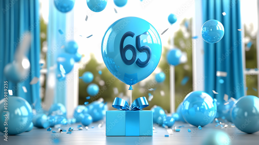 Fototapeta premium 3D Render: Blue Balloon with Number 65 on a Gift Box Surrounded by Confetti