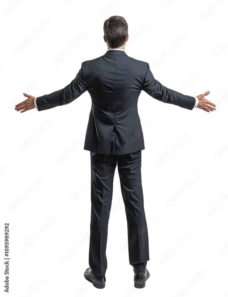 Man in a suit stands with arms outstretched on a white background showcasing confidence and openness Man in a suit stands with arms outstretched on a white background showcasing confidence and openness