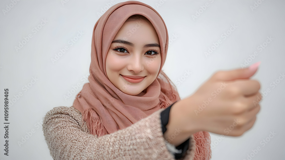 Smiling Woman in Peach Hijab Extends Hand in Friendly Gesture, Warm and Approachable Photo. Smiling Woman in Peach Hijab Extends Hand in Friendly Gesture, Warm and Approachable Photo.