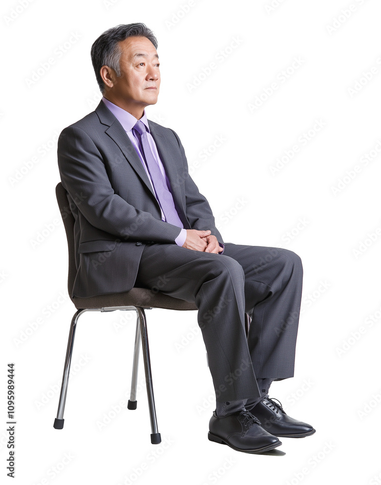 Middle-aged man seated in formal attire on chair against white background, conveying professionalism and composure Middle-aged man seated in formal attire on chair against white background, conveying professionalism and composure