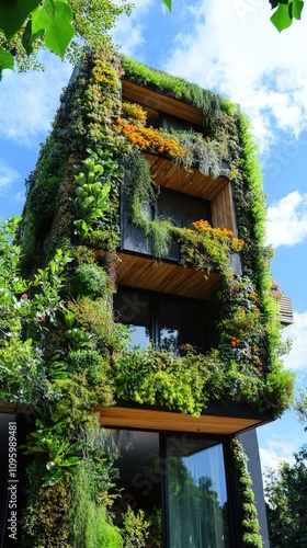 A modern building adorned with lush greenery and vibrant flowers, showcasing innovative vertical gardening techniques.