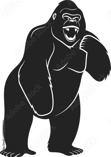 Gorilla with laughing out loud face, dancing on the floor, simple lines, a stencil clipart featuring the silhouette of Gorilla.