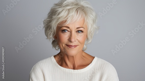 Elegant middle aged woman posing for a close up portrait in a bright white background