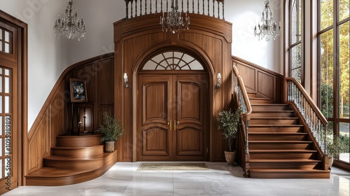 Elegant Wooden Staircase and Double Doors Entrance Hallway 3D Rendering