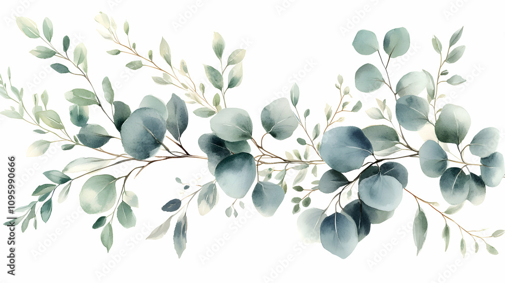 Obraz premium Watercolor Eucalyptus Branch Illustration: Greenery Leaves & Branches Artwork, Botanical Design