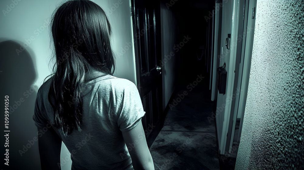 woman standing in a dark hallway with a white shirt, scary photo, spooky found footage woman standing in a dark hallway with a white shirt, scary photo, spooky found footage