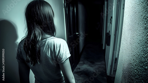 woman standing in a dark hallway with a white shirt, scary photo, spooky found footage