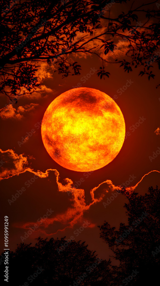 Obraz premium Fiery Sunset Moon: A Realistic Digital Painting of a Large, Orange Moon Rising Behind Silhouetted Trees, Dramatic Cloudscape