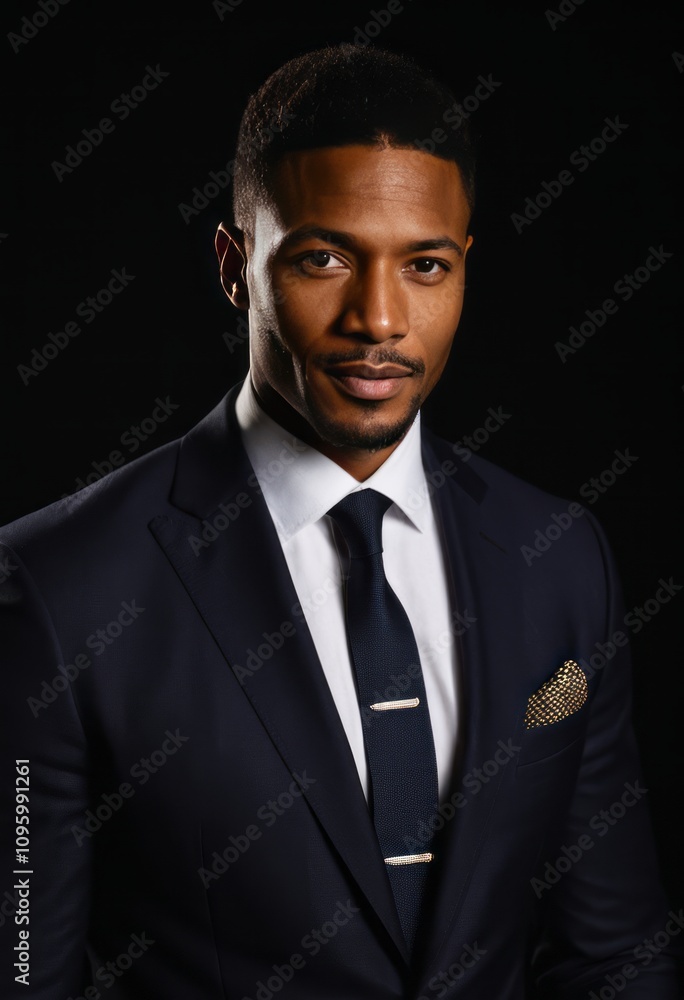 Male model, wearing a dark formal suit, elegant and sophisticated, white shirt, black tie, pocket square, professional attire, moody lighting, dark background, portrait photography, confident expressi Male model, wearing a dark formal suit, elegant and sophisticated, white shirt, black tie, pocket square, professional attire, moody lighting, dark background, portrait photography, confident expressi