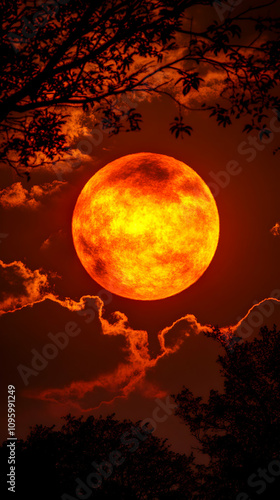 Fiery Sunset Moon: A Realistic Digital Painting of a Large, Orange Moon Rising Behind Silhouetted Trees, Dramatic Cloudscape