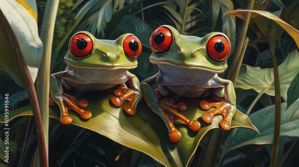Vibrant red-eyed tree frogs observing their lush jungle habitat nature photography tropical rainforest close-up view wildlife conservation Vibrant red-eyed tree frogs observing their lush jungle habitat nature photography tropical rainforest close-up view wildlife conservation