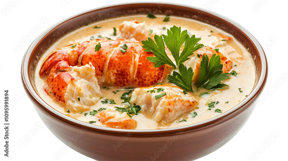 Delicious Lobster Bisque in a Warm Bowl with Fresh Herbs and Creamy Texture. isolated white Delicious Lobster Bisque in a Warm Bowl with Fresh Herbs and Creamy Texture. isolated white
