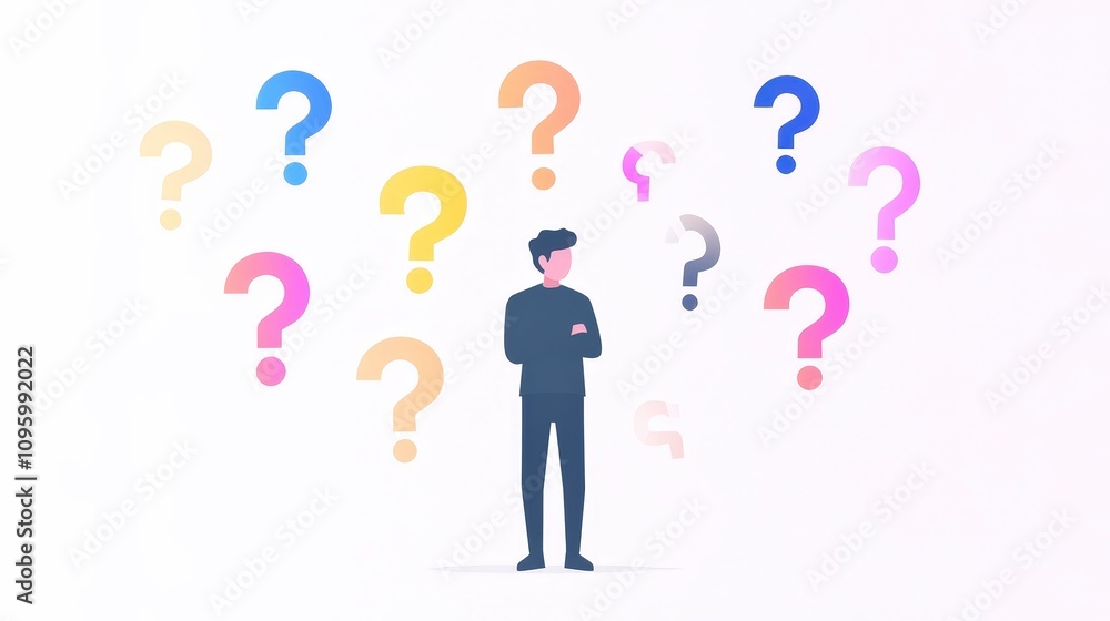 Thoughtful Person Surrounded by Colorful Question Marks Representing Curiosity, Uncertainty, and Exploration of Ideas in a Minimalist Style Thoughtful Person Surrounded by Colorful Question Marks Representing Curiosity, Uncertainty, and Exploration of Ideas in a Minimalist Style