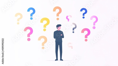 Thoughtful Person Surrounded by Colorful Question Marks Representing Curiosity, Uncertainty, and Exploration of Ideas in a Minimalist Style