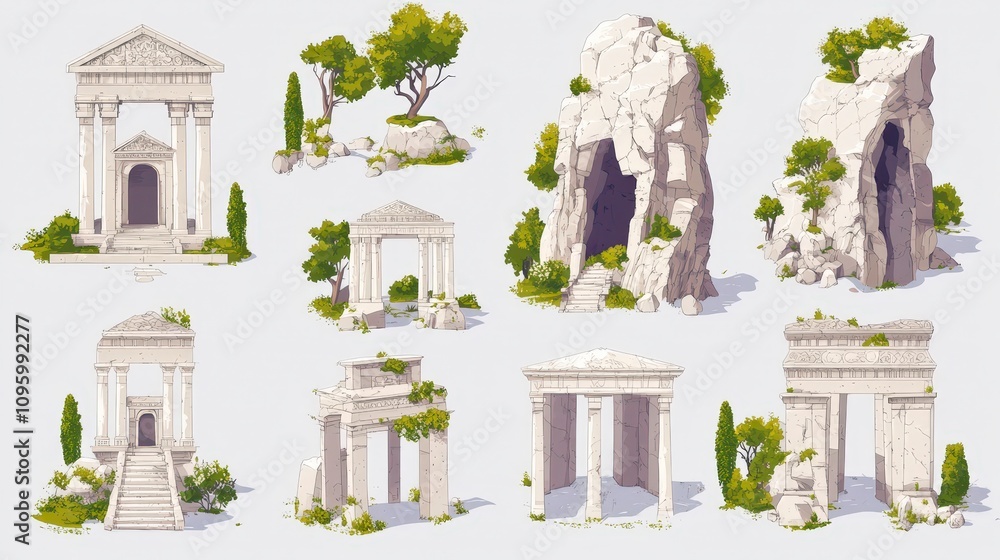 Fototapeta premium Detailed Collection of Ancient Ruins and Stone Structures Surrounded by Lush Greenery, Ideal for Fantasy Artwork, Games, and Historical Themes