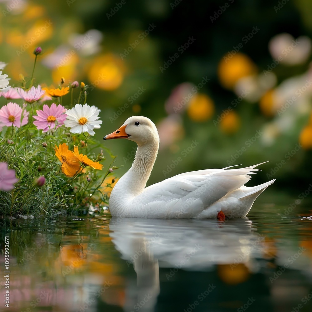 White Goose Bird Serenity A serene white duck swims among vibrant flowers, reflecting beautifully in the tranquil water, creating a picturesque natural scene. White Goose Bird Serenity A serene white duck swims among vibrant flowers, reflecting beautifully in the tranquil water, creating a picturesque natural scene.