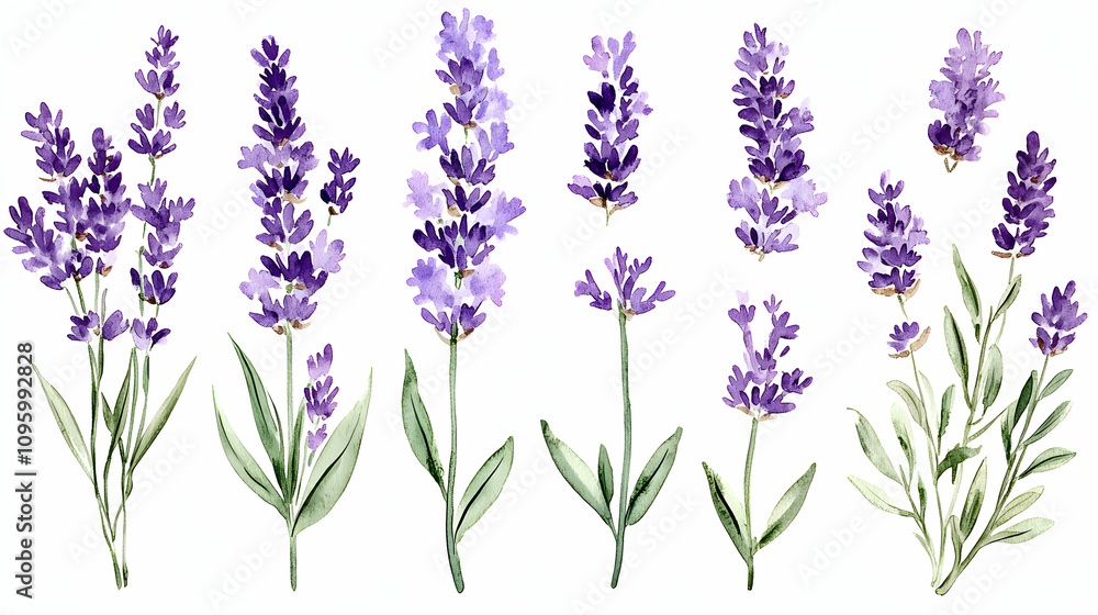 Fototapeta premium Watercolor Lavender Flowers Illustration: A Collection of Purple Blooms, Botanical Art, Floral Design Elements for Decor