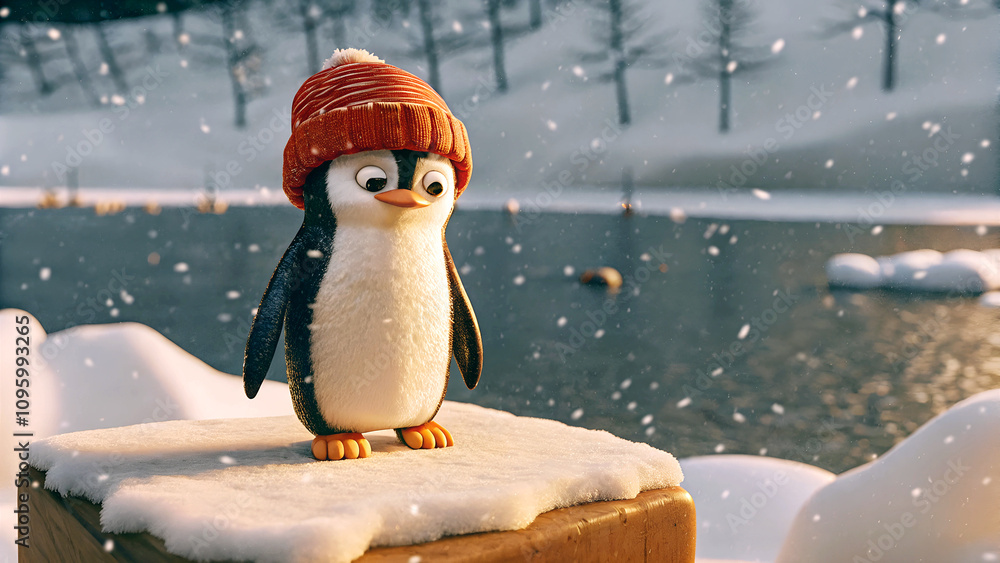 Cute little penguin in red hat standing on snowy shore by the lake, animals and wildlife, nature background, season
