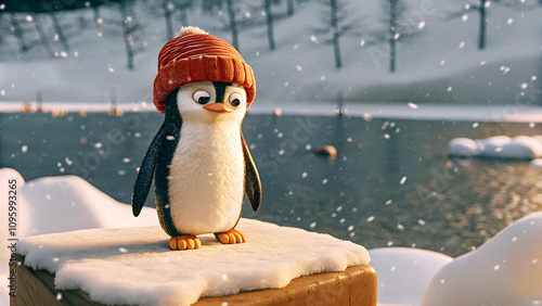 Obraz na płótnie Cute little penguin in red hat standing on snowy shore by the lake, animals and wildlife, nature background, season w salonie