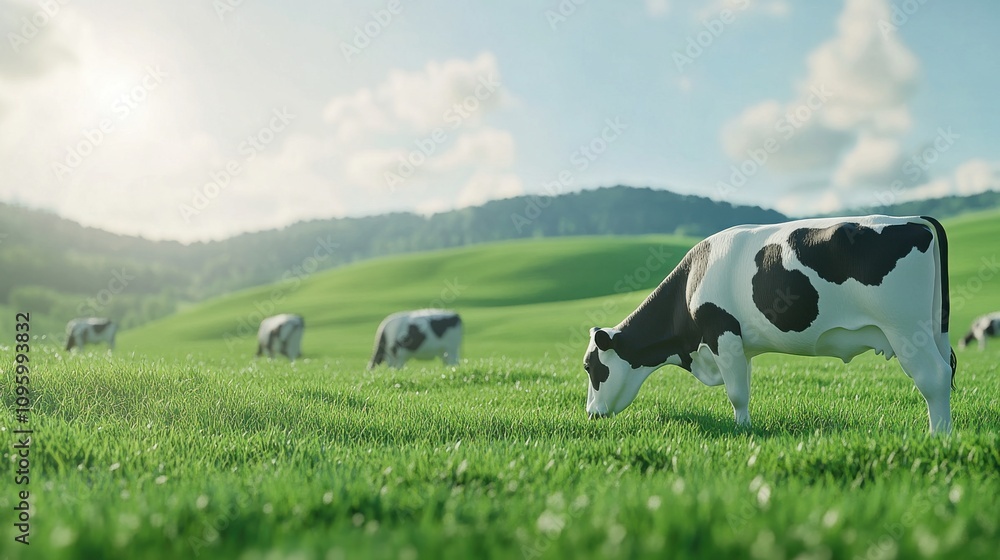 Peaceful countryside scene featuring Holstein cows grazing on lush green grass under a bright sky with fluffy clouds and distant rolling hills in the background. Peaceful countryside scene featuring Holstein cows grazing on lush green grass under a bright sky with fluffy clouds and distant rolling hills in the background.
