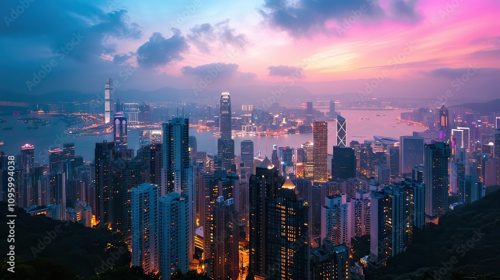 Fototapeta premium A twilight cityscape with skyscrapers illuminated by lights.