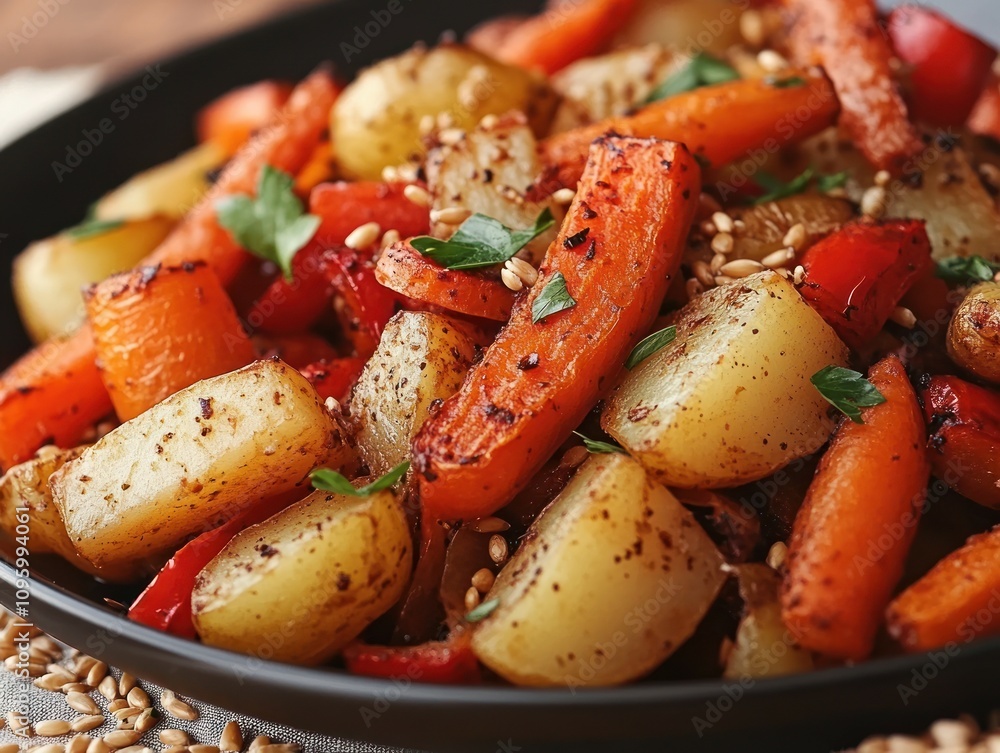 Roasted potatoes, carrots, and bell peppers seasoned with herbs and spices in a black bowl. Roasted potatoes, carrots, and bell peppers seasoned with herbs and spices in a black bowl.
