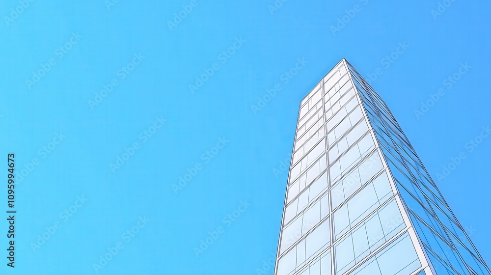 Modern Skyscraper Reaching Towards the Clear Blue Sky with Reflective Glass Windows and Minimalist Architectural Design in a Urban Setting Modern Skyscraper Reaching Towards the Clear Blue Sky with Reflective Glass Windows and Minimalist Architectural Design in a Urban Setting