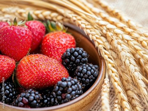 Fresh strawberries and blackberries in a bowl with wheat. (1)