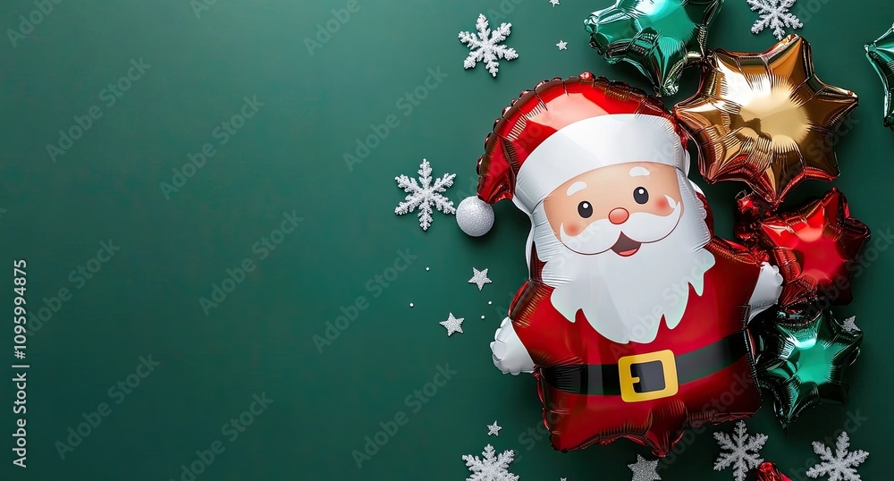 Fototapeta premium A cute Santa Claus foil balloon with a white beard and hat on a green background, surrounded by Christmas decorations